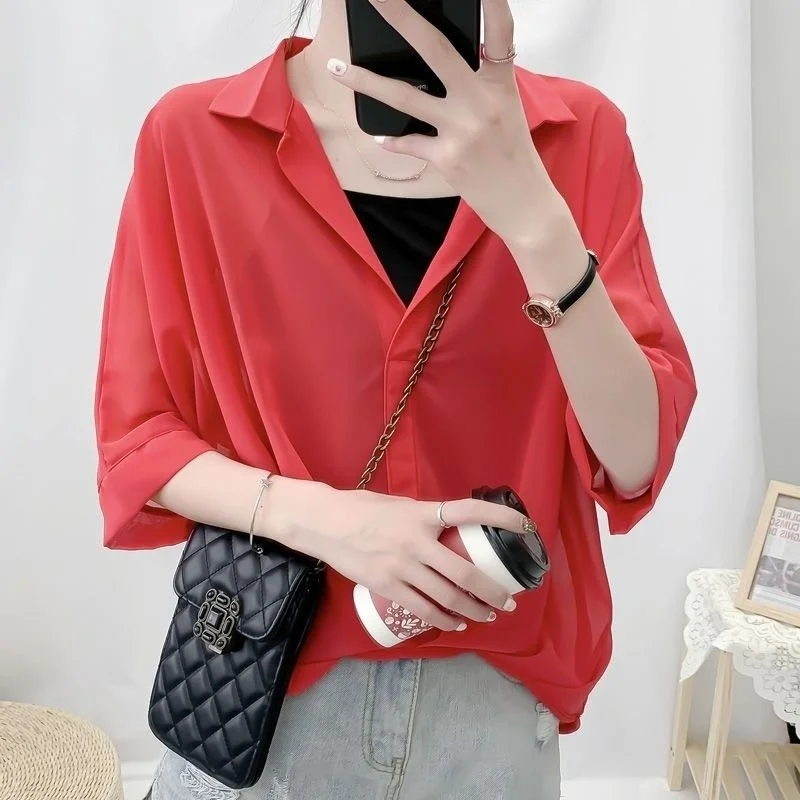 Summer Half Sleeve Loose V-Neck Women Blouse Chiffon Two Piece Set Tops Casual Elegant Clothes