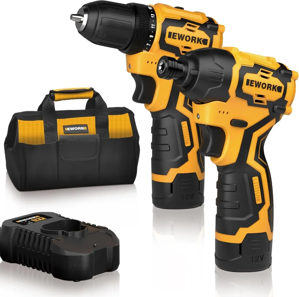 

EWORK Compact Cordless Drill and Impact Driver Combo Kit 12V Brushless Small Power Tool Set with (2) 2.0Ah Batteries and Fast