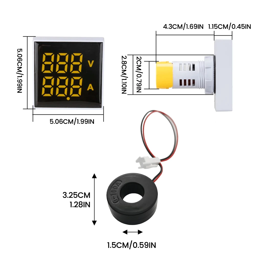 49mm AC 60-500V 0-100A Round Square Digital Voltmeter Ammeter Meter Amp Volt Voltage Tester Dual LED Indicator