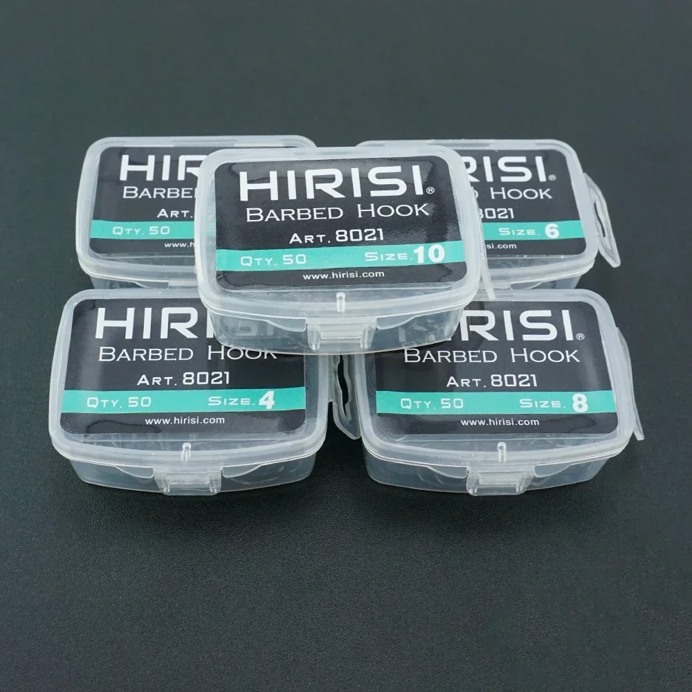 Hirisi 50pcs PTFE Coated High Carbon Stainless Steel Barbed Fishing Hooks With Eye 8021 Fishing Accessories