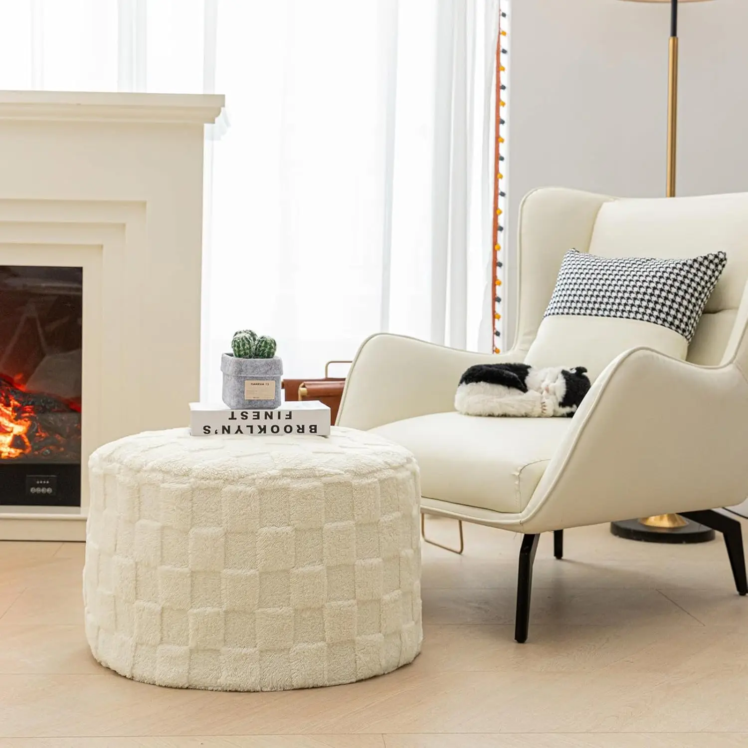 

Round Boho Pouf Ottoman Foot Rest 20x20x14 Inch Ivory Checkered Floor Cushion for Living Room Sofa