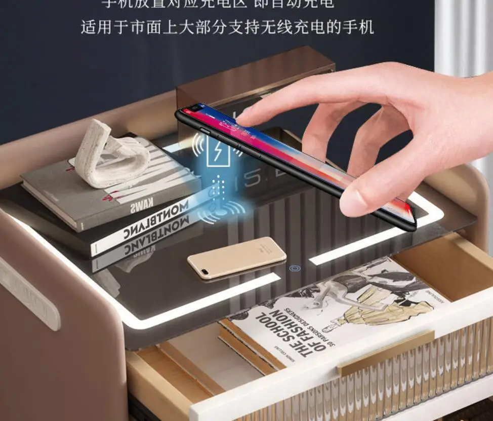 Moderner, leichter Nachttisch aus Holz mit Felsplatte, kabelloses Laden, intelligentes Design für Zuhause, Hotel, Schule, Schlafzimmermöbel