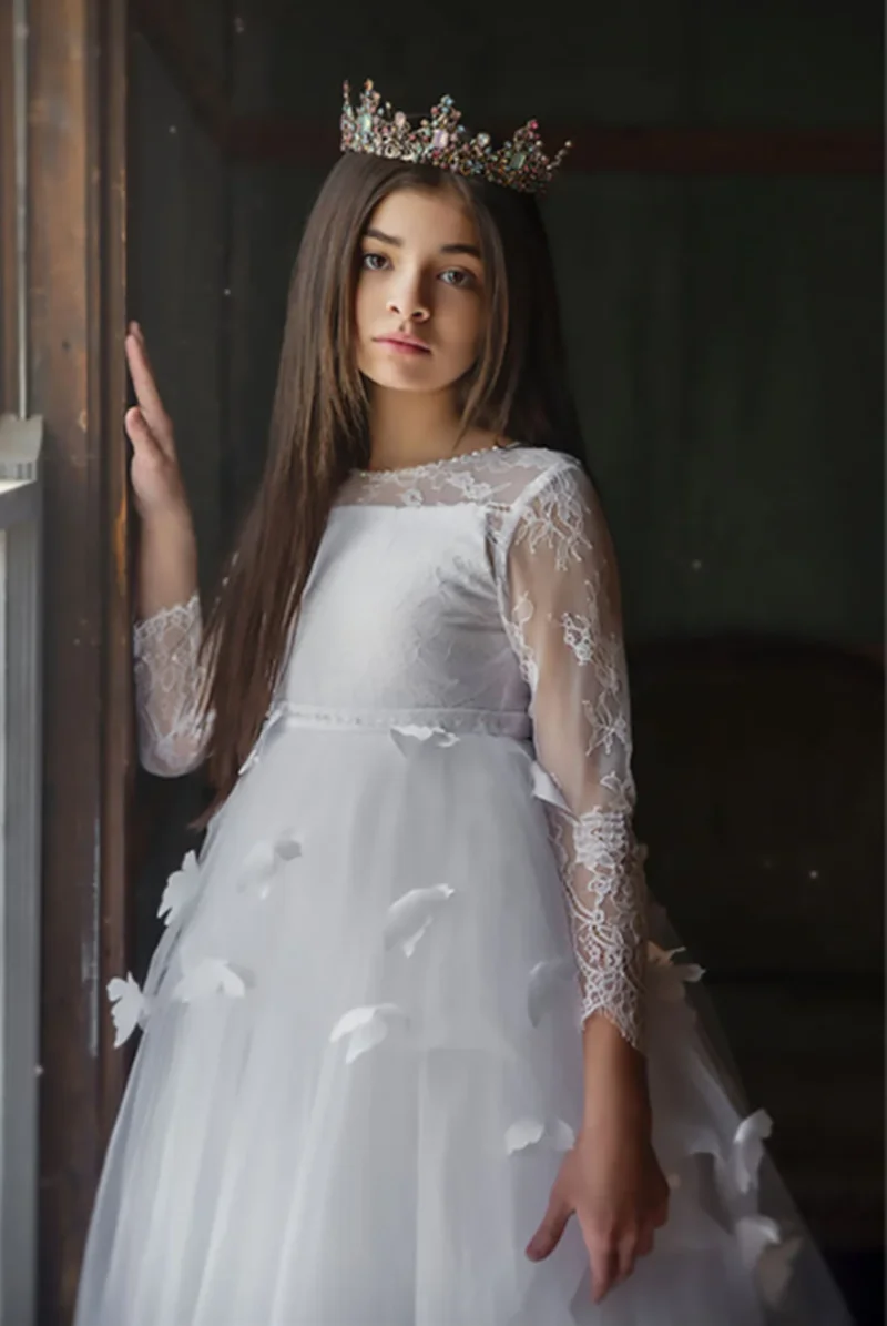 

Flower Butterfly Applique Long Sleeve A Line Wedding Flower Girl Dress Floor Length Formal First Communion Gown Customized 2025