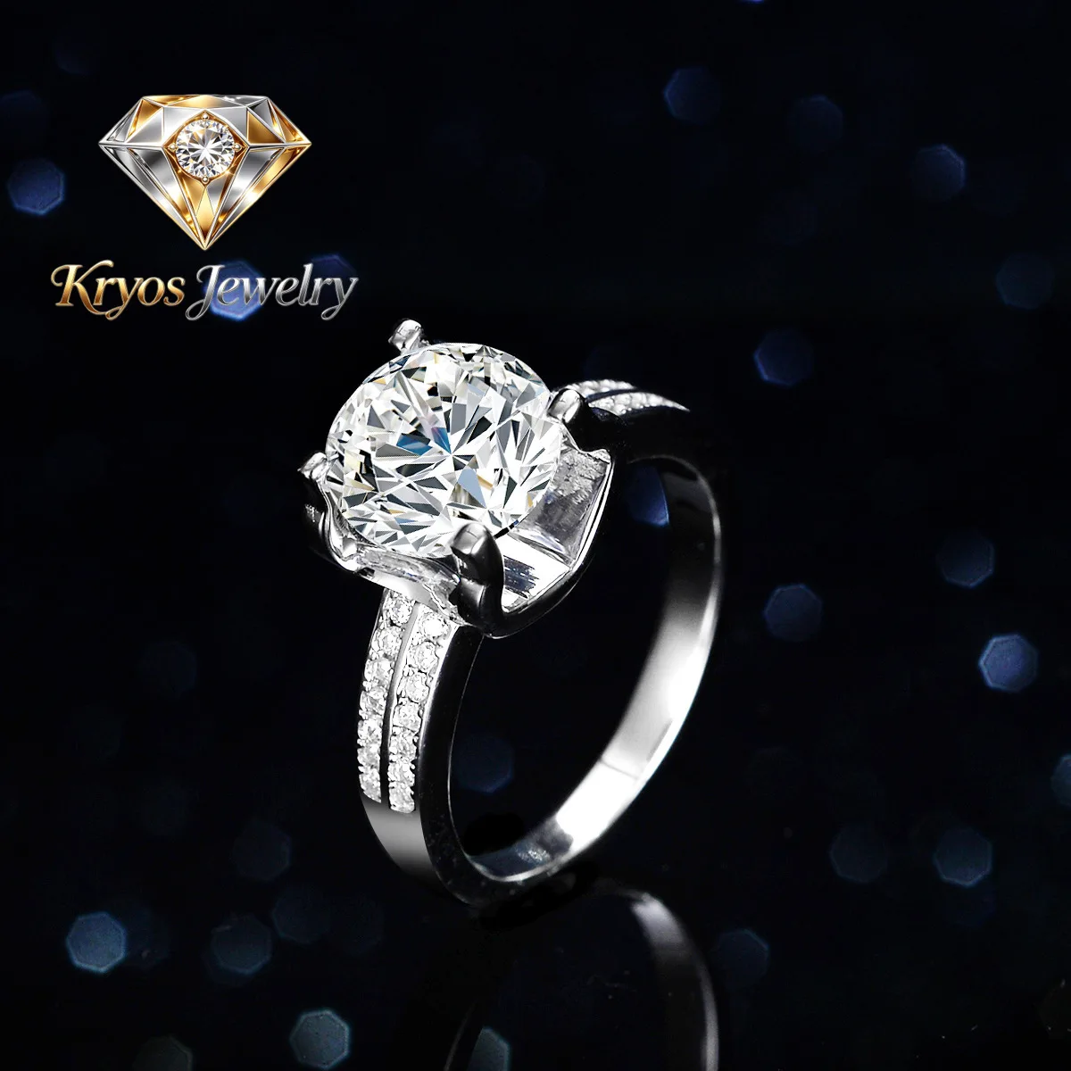 

Kryos Jewelry Women's 3 Carat Moissanite Solitaire Ring - PT950 Platinum Cow Head Setting, Large Stone Design, Wedding & Party J
