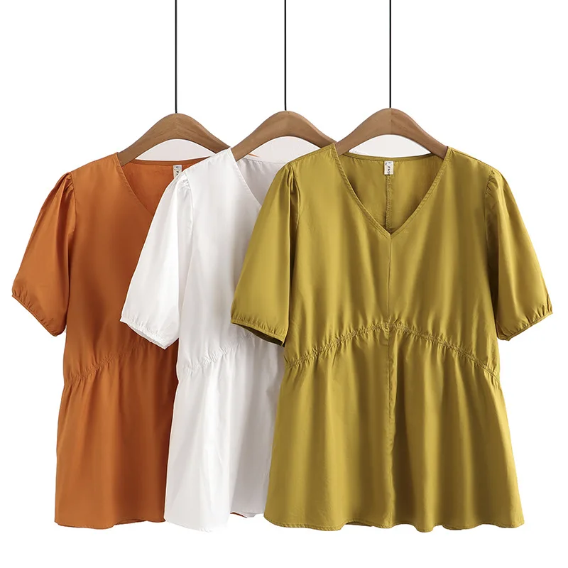 Blusas de manga abombada para mujer, Tops holgados finos con cuello en V, talla grande, novedad de verano 2024