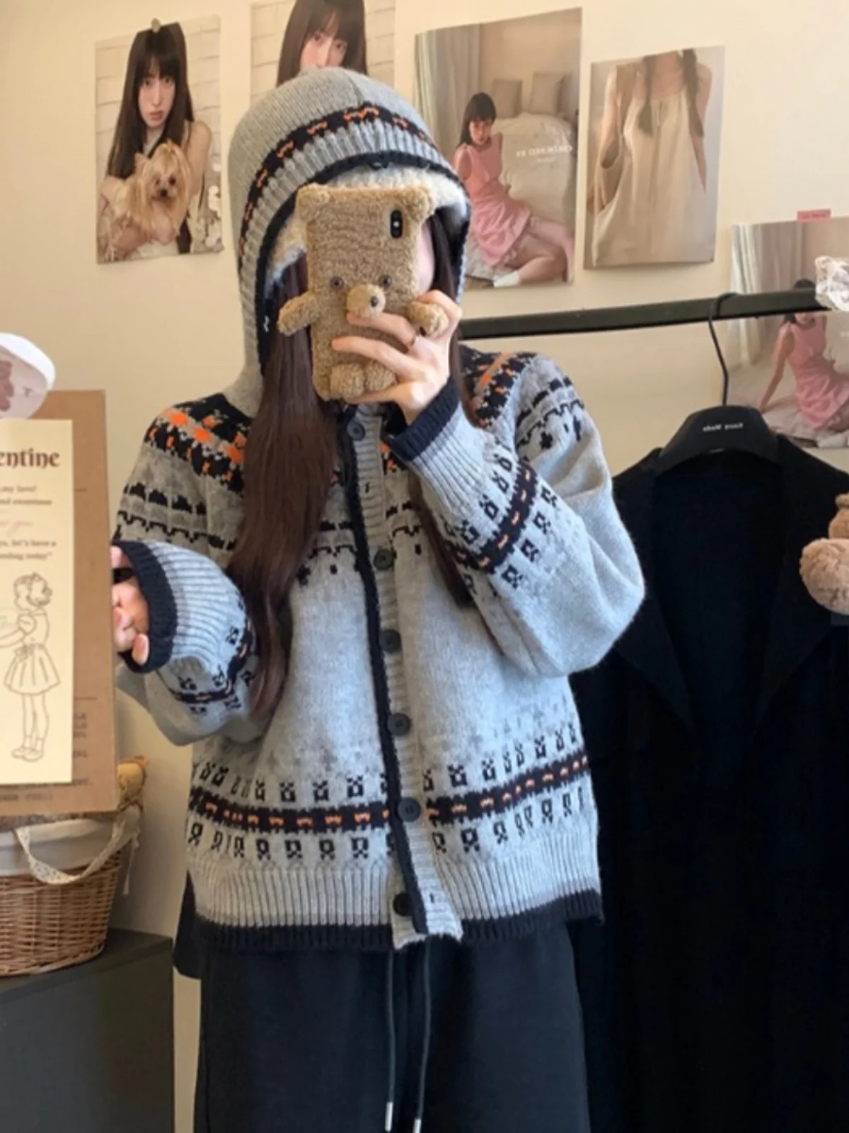 Cardigan lavorato a maglia con cappuccio color sangue retrò Fair Isle donna inverno maglione sciolto morbido e sfocato per college Jaet per taglie forti