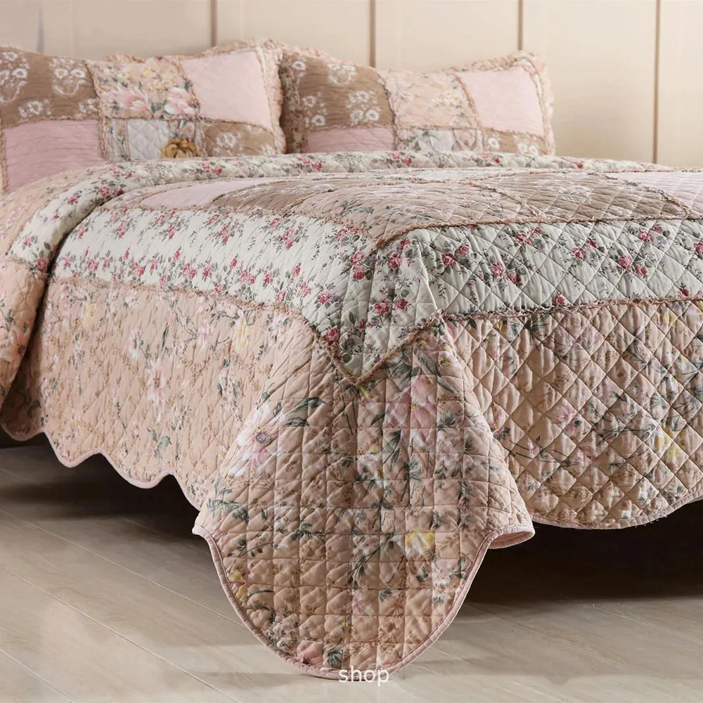 Komplet Kołdry Bawełnianej w Kwiaty 3-częściowy Ręcznie Robiony Patchwork Narzuta na Łóżko Queen King Size Letnia Pikowana Kołdra Narzuta na Łóżko