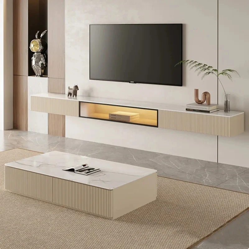 Nordic Solid Wood Suspended LED Smart Light TV Cabinets Living Room Furniture Modern Hanging Slate Luxury Wall TV Stands d