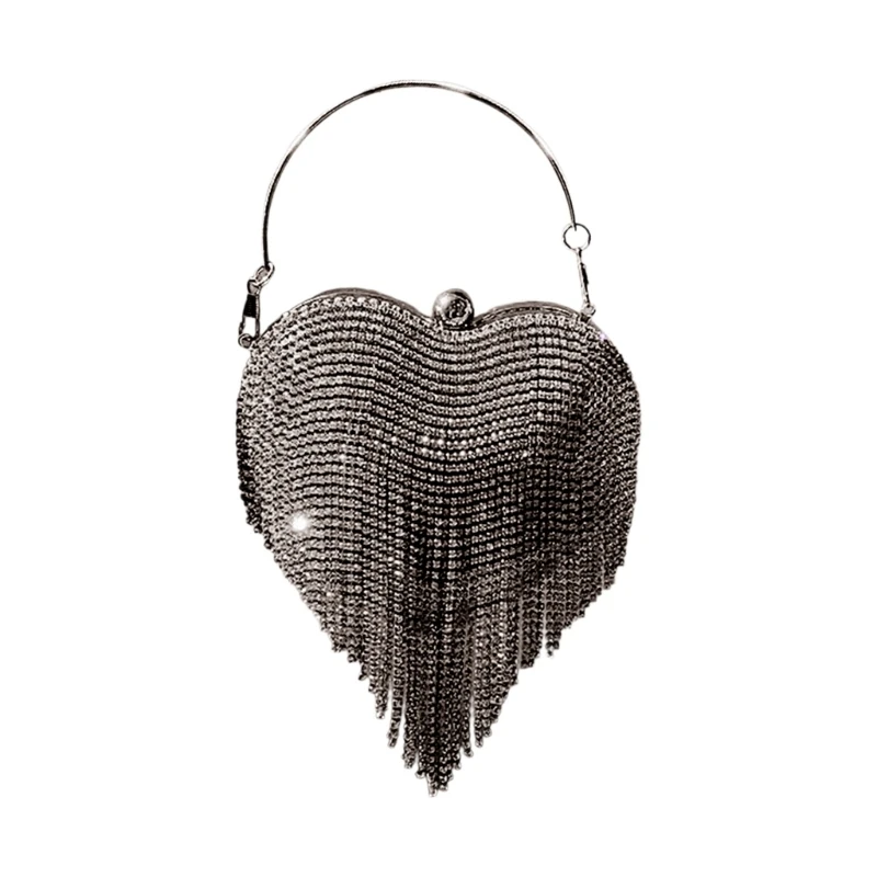 

E8FB Elegant Rhinestones Heart Evening Bag With Tassels Detail For Prom Party Wedding