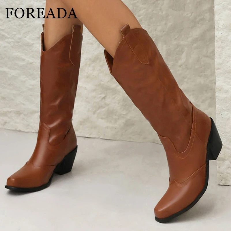 FOREADA Women PU Leather Mid Calf Boots Square Toe Chunky High Heels Western Boots Ladies Fashion Shoes Autumn Winter Brown Red