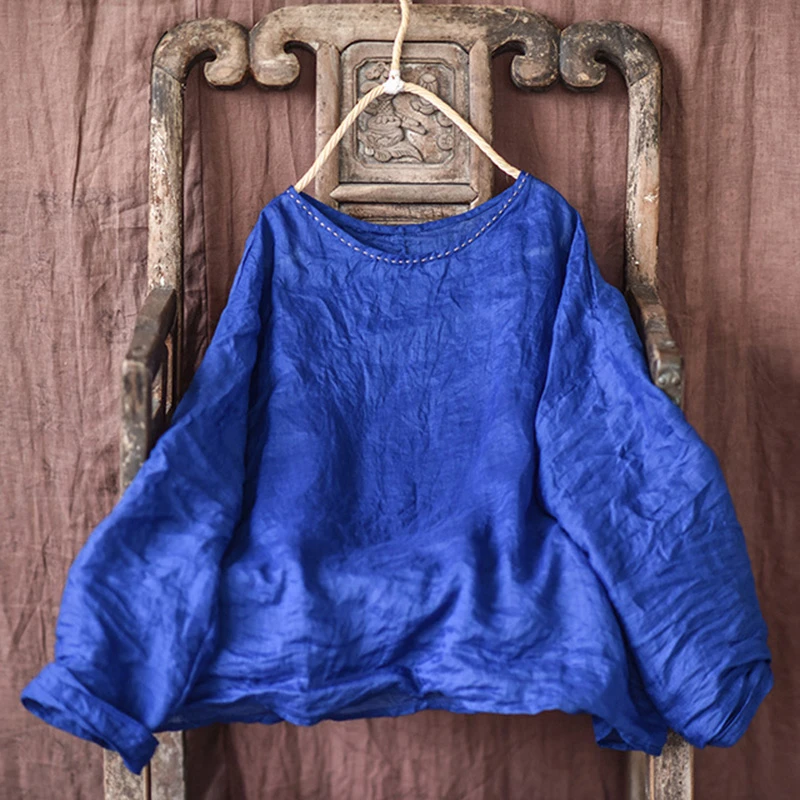 T-shirt in lino a maniche lunghe da donna Nuovo arrivo 2025 Primavera Stile vintage O-Collo Tinta unita Allentato femminile Casual Top Tees T473