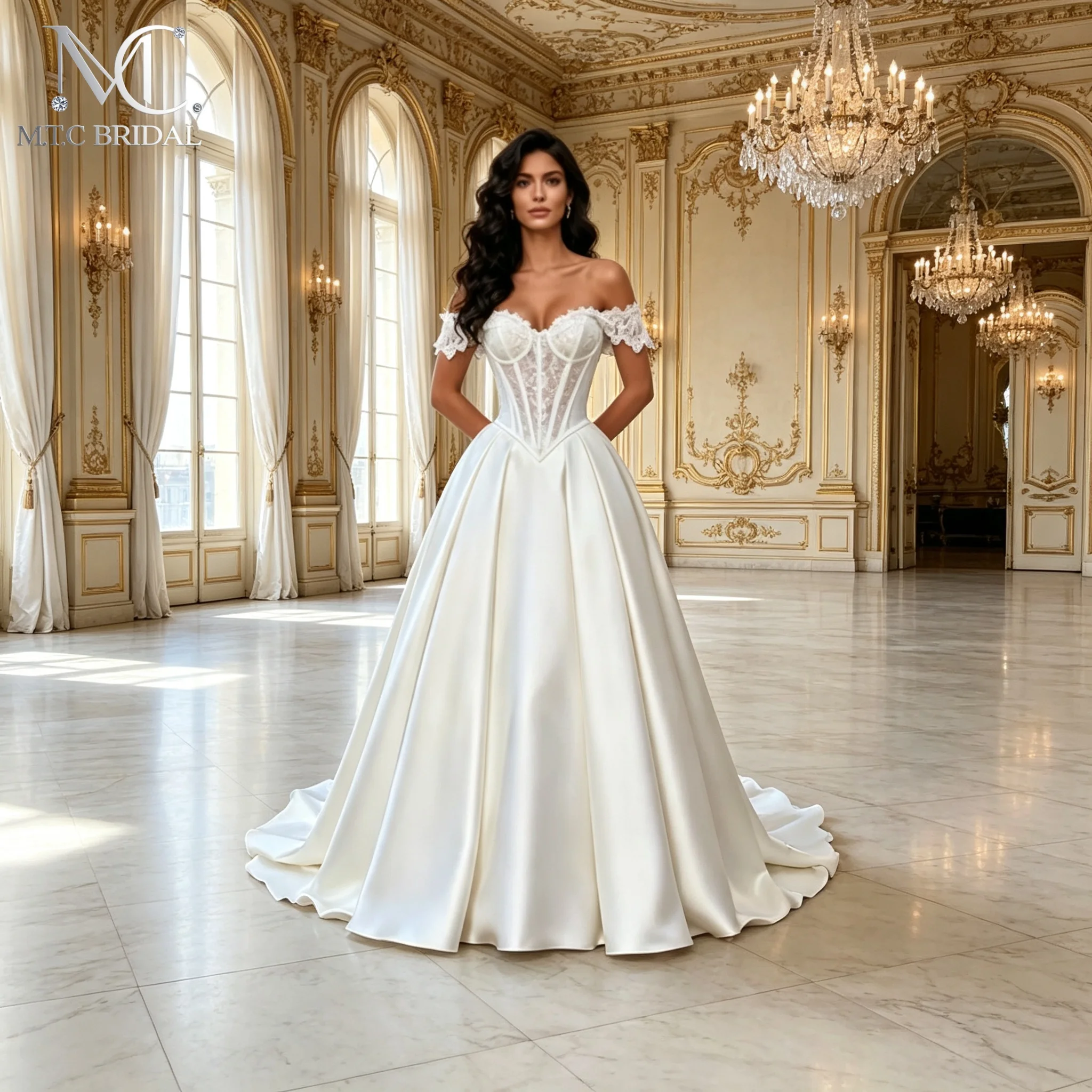 Charming Long Satin White Wedding Dress A Line Corset Back Off The Shoulder Lace Body Plus Size Wedding Gowns Robe De Mariee
