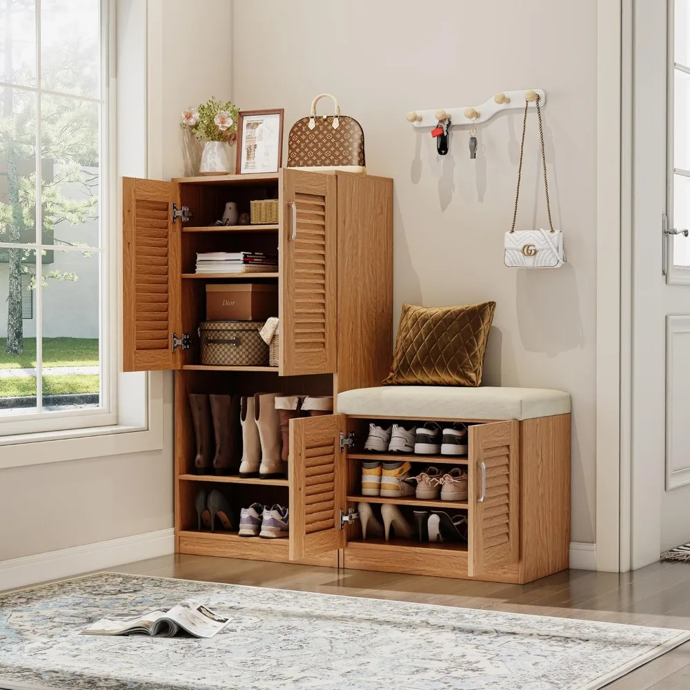خزانة تخزين الأحذية متعددة الوظائف بطبقة قابلة للتعديل مع مقعد ووسادة، 10 مقصورات لتنظيم معزز