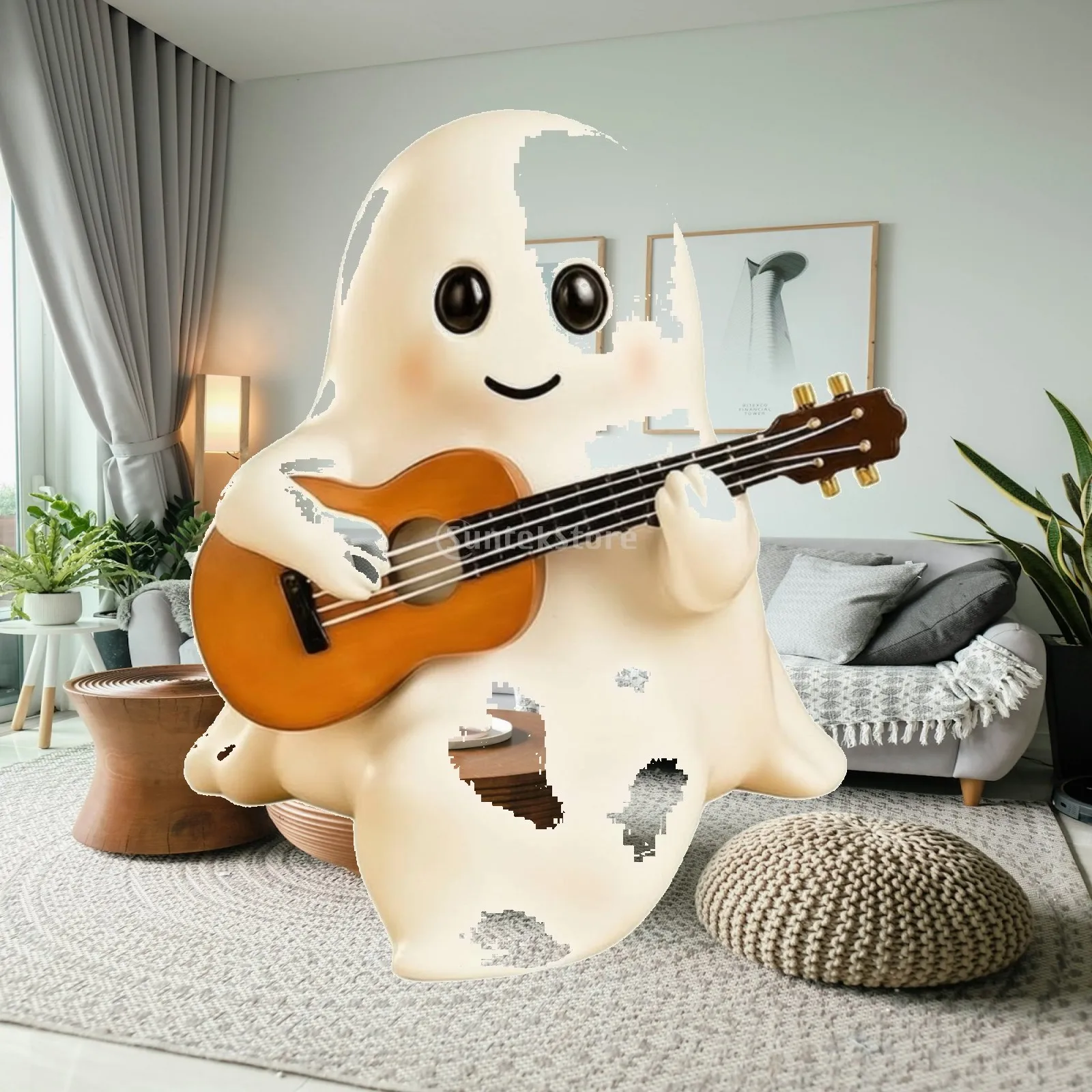 Ghost Figurine with Guitar Holiday Ghost Ornament with Guitar Halloween Tabletop Ornament Playful Decor Spooky for Music Lovers