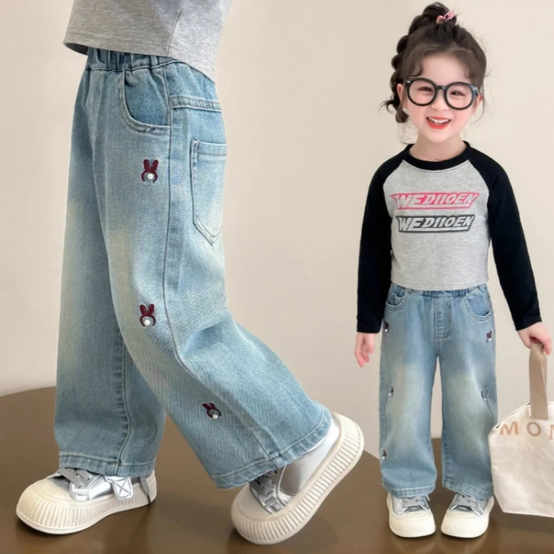 

Kids Girls Cotton Denim Jeans Pants 2-7Y Korean Children's Clothes 2025 Cartoon Embroidery Wide Leg Pants Casual Loose Trousers