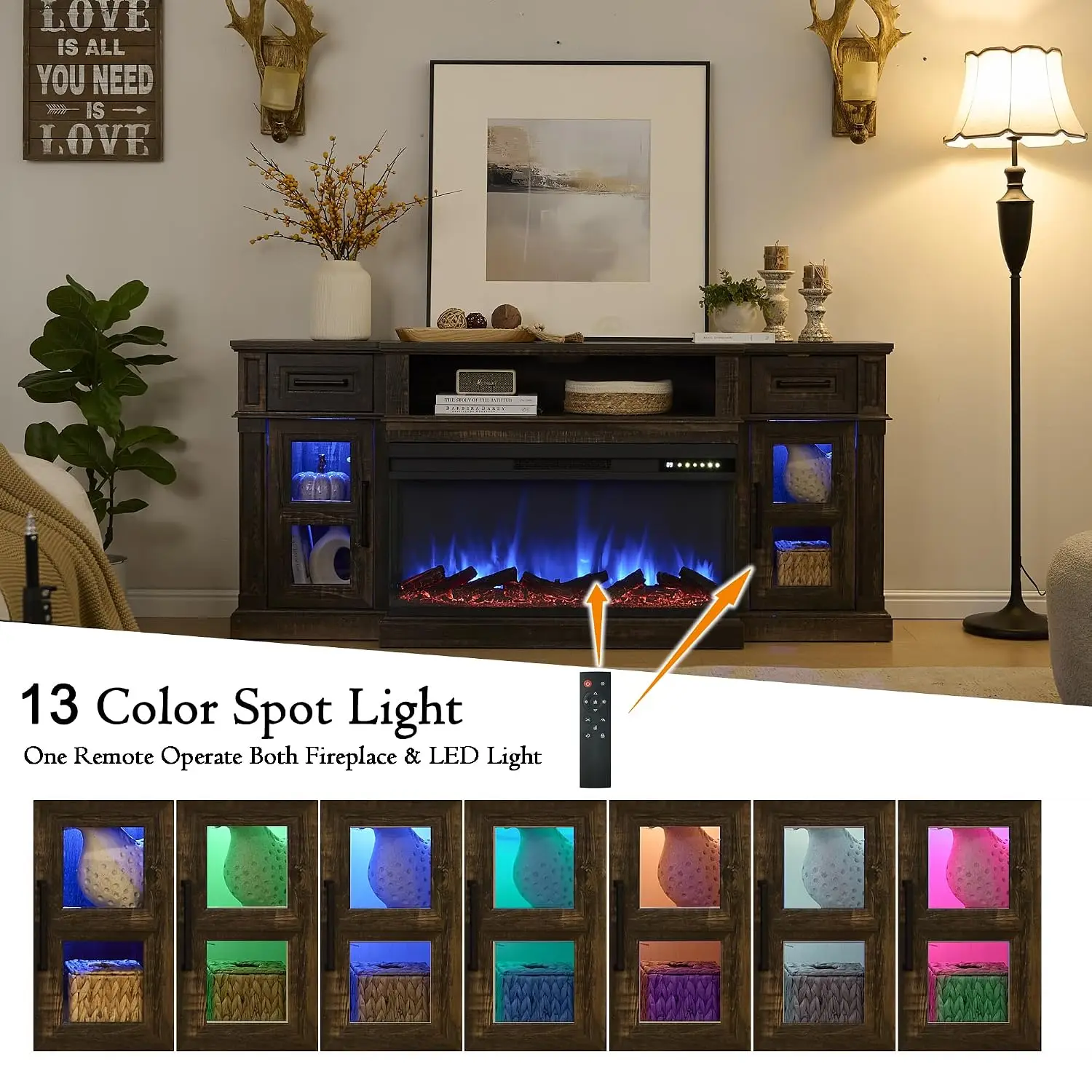 3-Side Fireplace TV Stand 80 Inch LED Entertainment Center 36 Inch Electric Fireplace Console w/Drawers Living Room, Customized