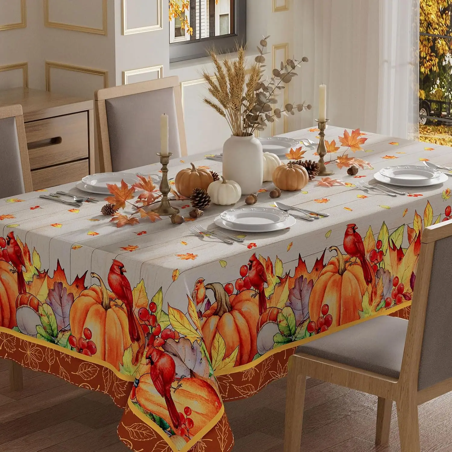 Fall Pumpkin Maple Leaf Cardinal Bird Rectangle Tablecloth for Table Decor Reusable Kitchen Dining Tablecloth Autumn Decorations