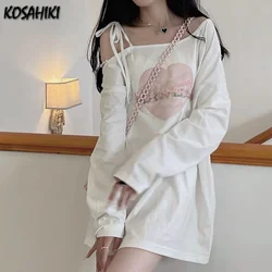 KOSAHIKI Off Shoulder T Shirts Women Bandage Letter Heart Printed Autumn 2024 New Loose Long Sleeve Sexy Korean Chic T-skirt