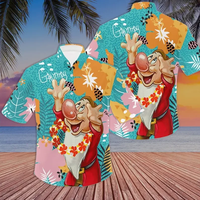 

2024 New Disney Hawaiian Shirt Grumpy Hawaiian Shirt Disney Seven Dwarfs Short-sleeved Shirt Casual Retro Top