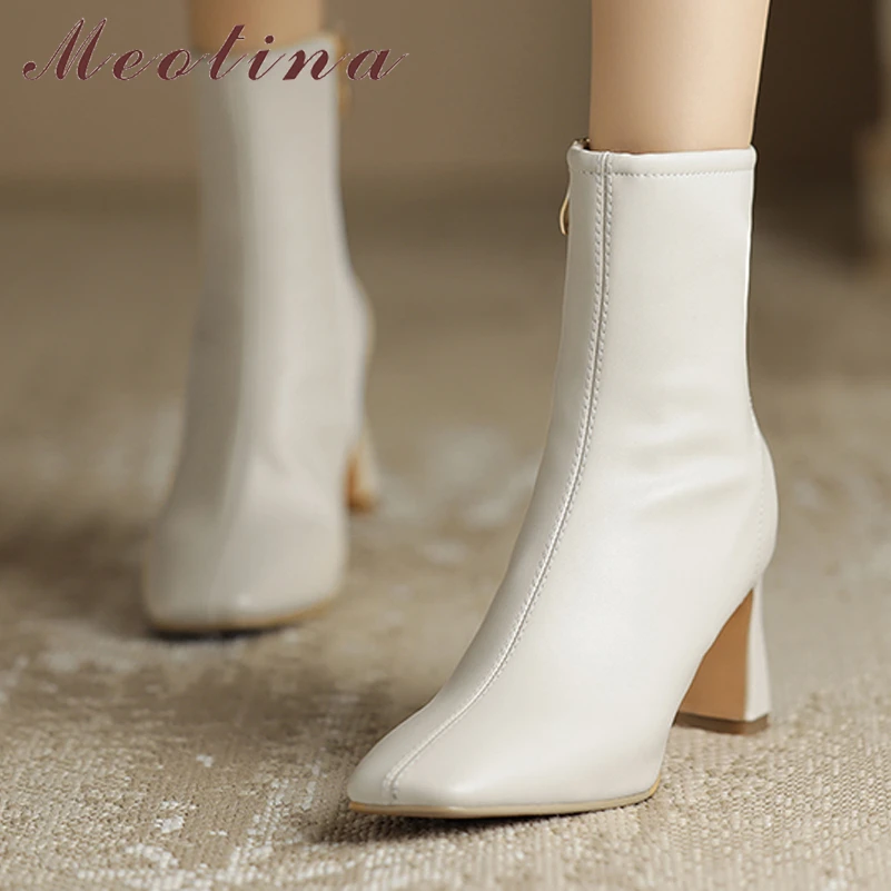 Meotina Women Genuine Leather Ankle Boots Square Toe Thick High Heels Zipper Short Boot Ladies Fashion Shoes Autumn Winter Brown