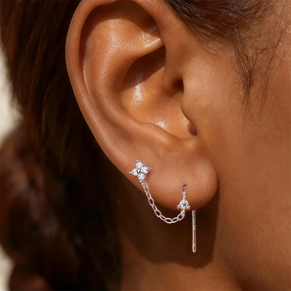 KOJ 1PC Dainty 925 Sterling Silver Moissanite Clover Long Dangling Chain Cartilage Stud Women Fine Jewelry For Daily Wear Gift