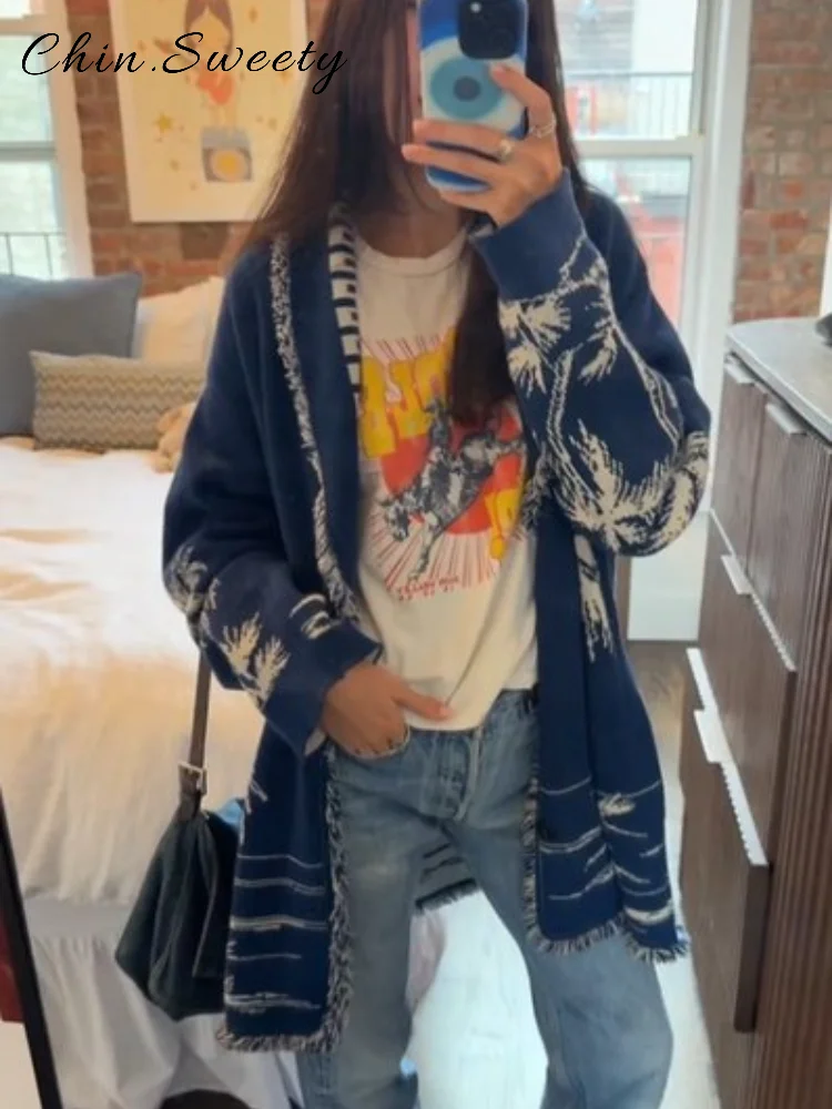 

Casual Printed Tassel Knitted Cardigans Women V-neck Full Sleeve Single Breasted Sweater 2025 Autumn Winter Lady Chic Knitwears