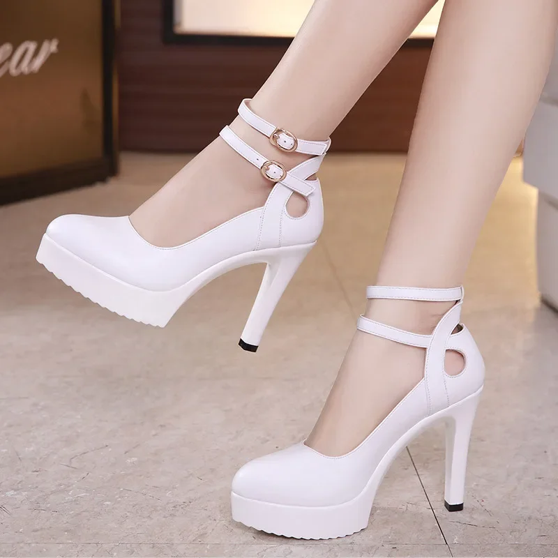 11cm Small Size 32-43 Ankle Buckle Platform Pumps Women Fall 2024 Stilettos High Heels Shoes Soft Leather for Office Model Party