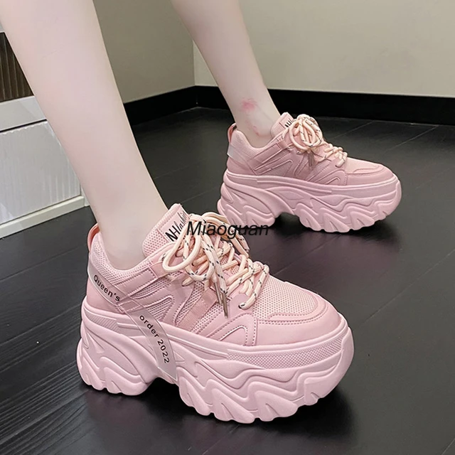 Women s Pink Chunky Sneakers Breathable Platform Sports Shoes Woman Lace Up Thick Sole Casual Shoes 2023 Spring Zapatillas Mujer