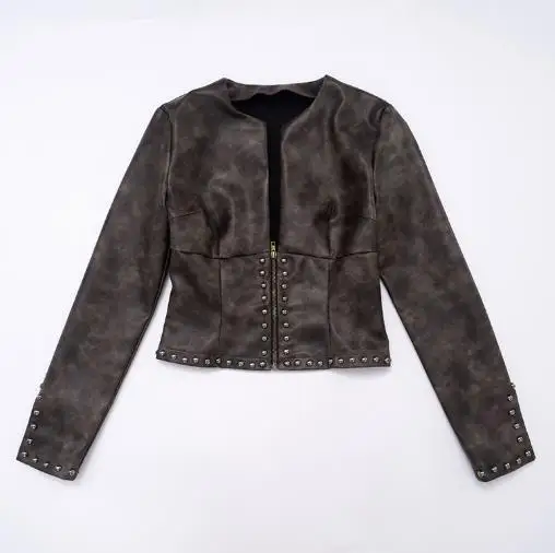 Women's Jacket 2025 Spring Autumn New Vintage Leather Half Open Collar Zipper Rivet Long Sleeve Streetwear Casual Crop Jacket