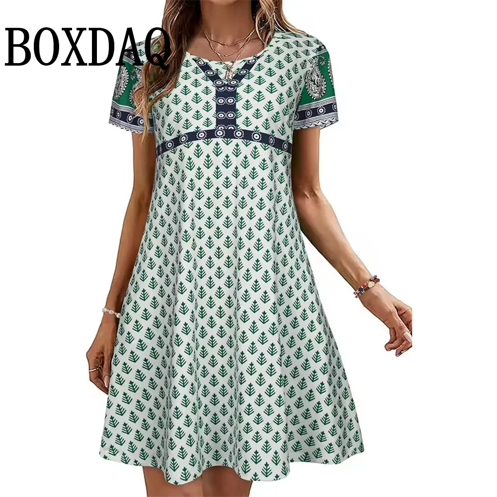 New Green Floral Print Dress 2025 Summer Short Sleeve Beach Dress Casual Fashion Women's Clothes Plus Size Loose Women's Dresses