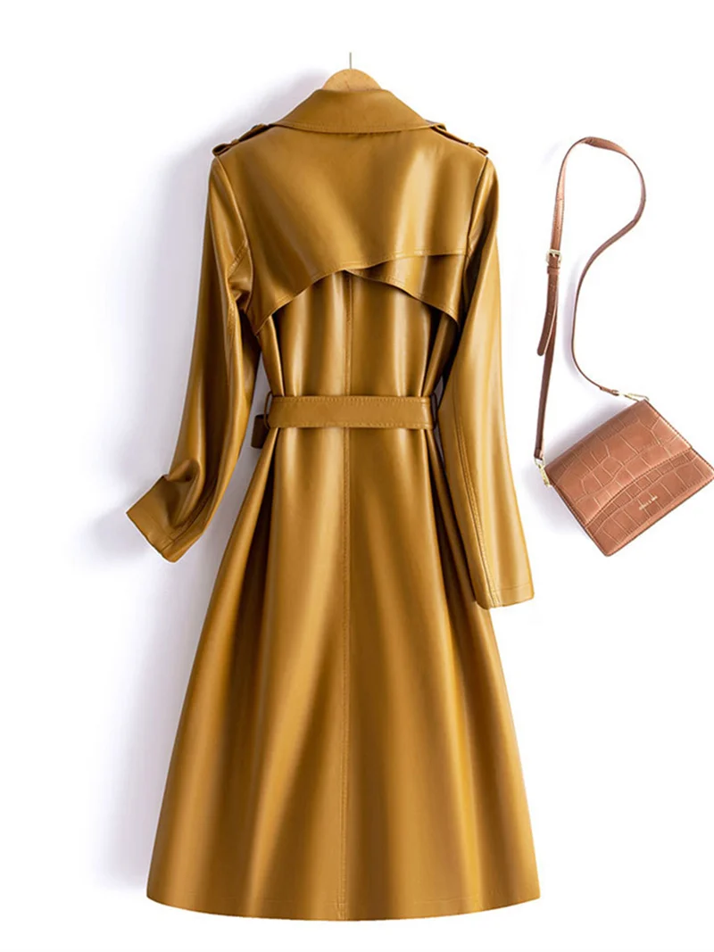 2025 streetwear lederen trenchcoat dames x-lange windjack lente herfst double-breasted sjerpen slanke pu lederen bovenkleding