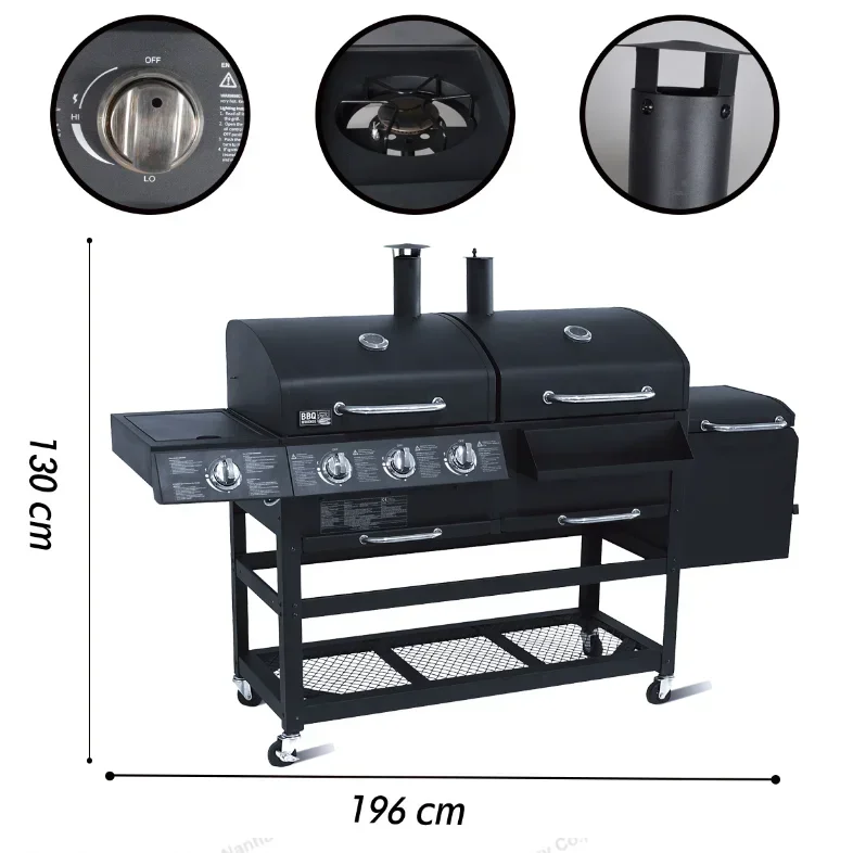 Dwufunkcyjny grill na węgiel drzewny na patio, grill do wędzenia willi, 4 palniki, żeliwna siatka do grilla, łatwa w montażu i czyszczeniu