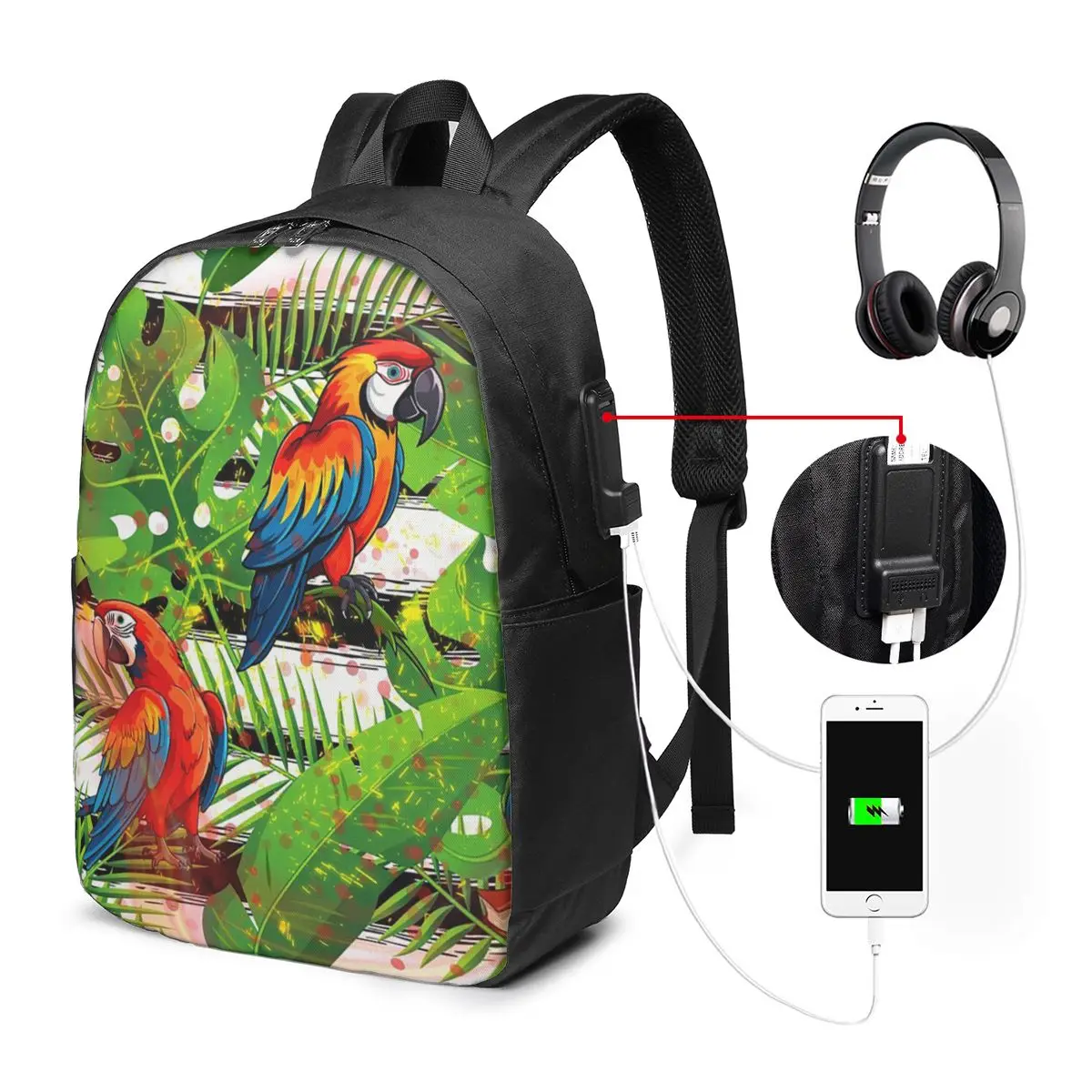 Tropical Jungle With Colorful Parrots Backpack Travel Notebook Bag Computer College Student School Bag Laptop Shoulder Bags