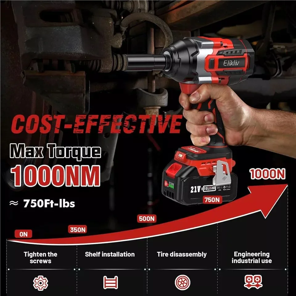 18V 3000 RPM Power Impact Wrench 1/2 inch 1000N.m Max Torque Cordless Impact Gun 4 Sockets 4000mAh Battery Speed Trigger LED