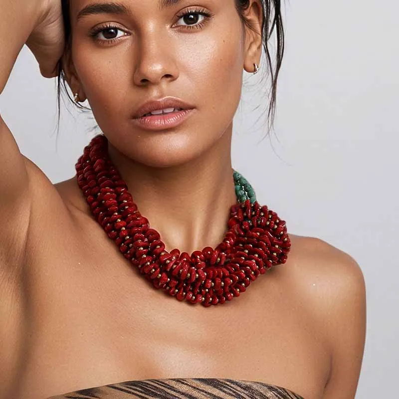 Statement Boho Halskette mit roten kontrastierenden Perlen, handgefertigt für Frauen und Mädchen, Hochzeit, Party, Schmuck