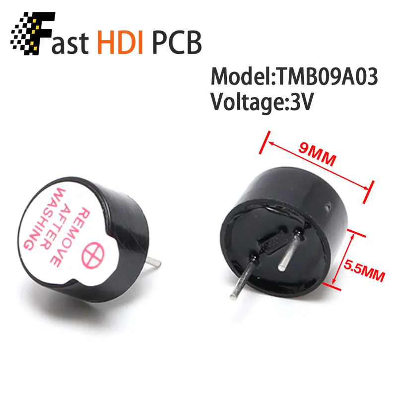 超小型アクティブブザー 9x5.5mm 3V(赤)/5V(青)/12V(黒) - ピンピッチ5.5mm 防水PBT耐熱設計 (無料サンプル)