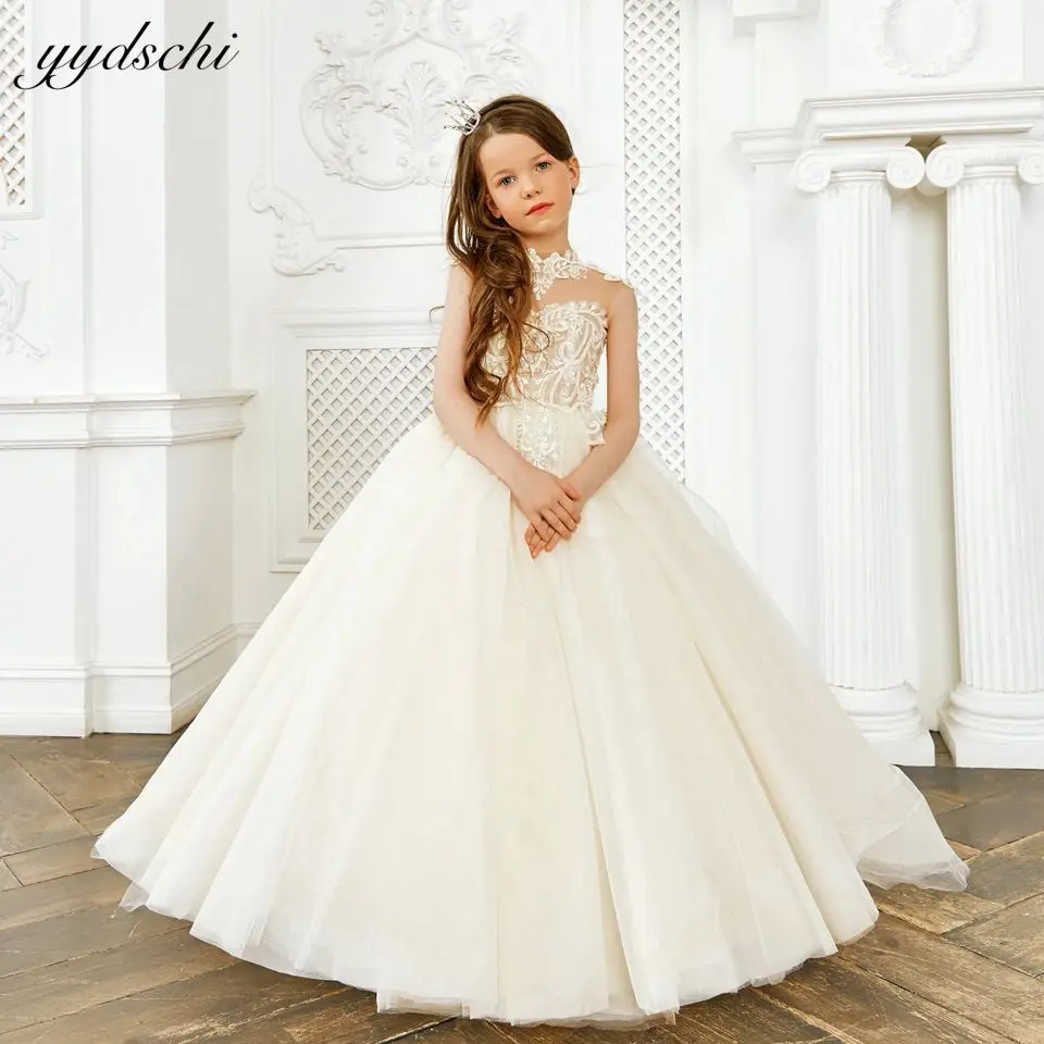 Elegant คอแขนกุดดอกไม้สาวชุดสําหรับงานแต่งงาน 2023 เจ้าหญิงภาพลวงตา Appliques วันเกิด PARTY First Communion Gowns