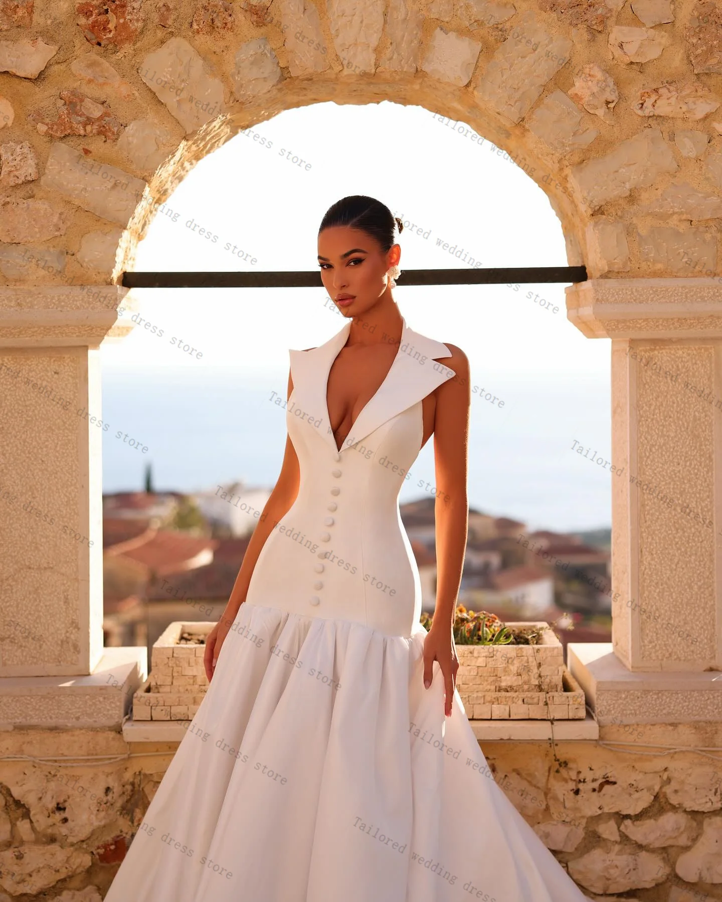 White A Line Women Wedding Dresses Sexy V Neck Sleeveless Single Buttons Cotton Bridal Gown Customized Lace Up Back Robe