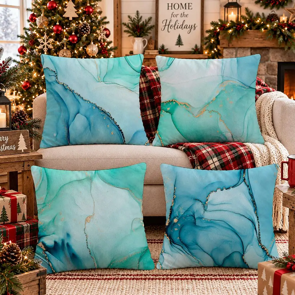 Aqua Gold Alcohol Ink Cushion Cover 1/4PCS Short Plush Pillow Cover Set Soft Decorative Cushion Case for Sofa Bed Home Decor