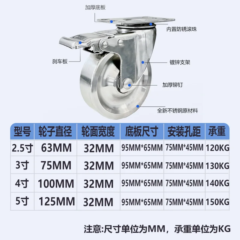 304 Stainless Steel Furniture Caster Wheels 2.5 3 4 5 Inch Swivel Rigid and Brake Plate Casters for Chairs Tables Workbenches