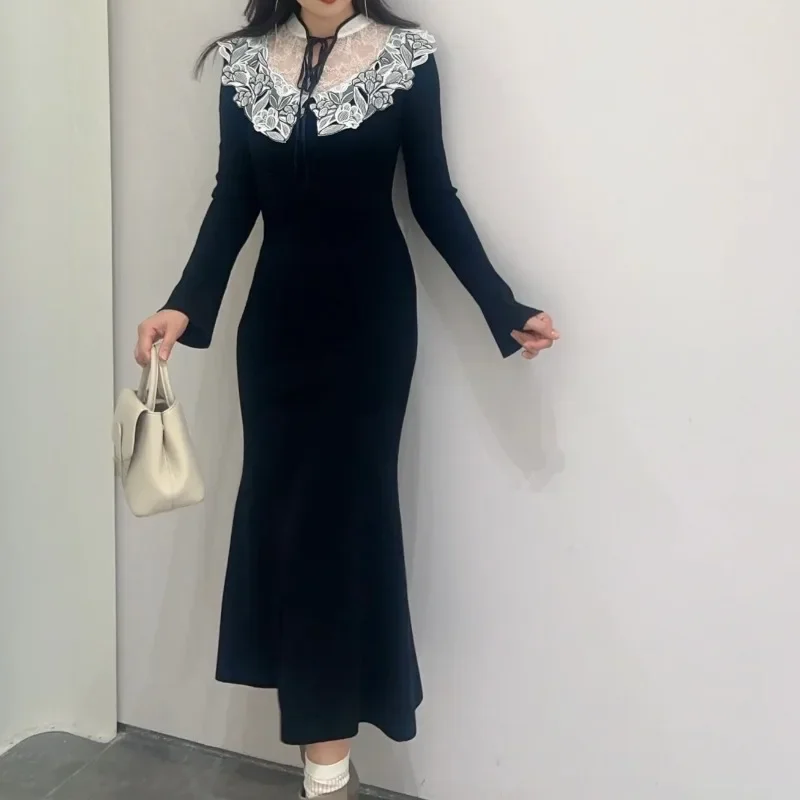 Lace Knit Vestidos Stand Collar Long Sleeve Dress Bandage Vestido Japanese High Waist Dresses Spring 2025 New Ropa Mujer