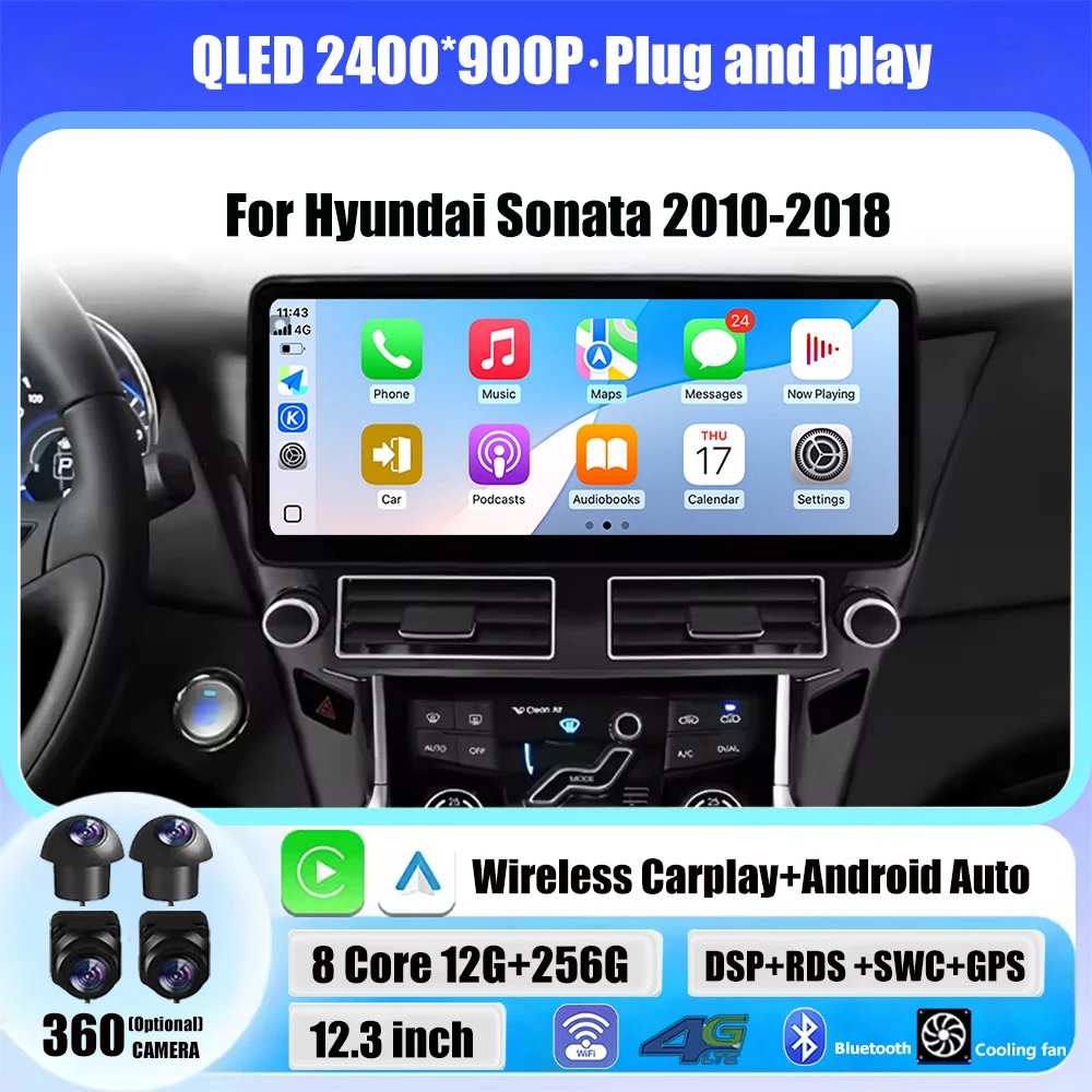 

Для Hyundai Sonata 2010-2018 Android 16 12,3 "экран беспроводной CarPlay навигация GPS автомобильный мультимедийный плеер стерео DSP 360 камера