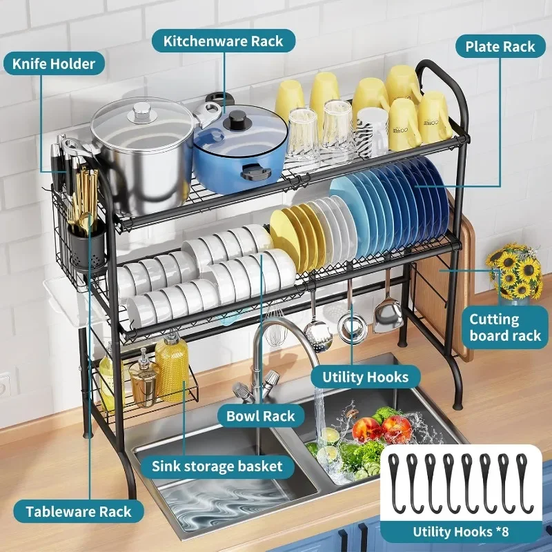 3-Tier Stainless Steel Large Over The Sink Dish Rack with Utensil Holder Dish Drainers for Kitchen Counter