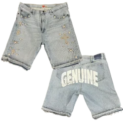 Pantaloncini di Jeans lavati con ricamo incrociato di diamanti alla moda per uomo Harajuku Street Jeans Rap Hip-hop per donna pantaloncini di alta qualità