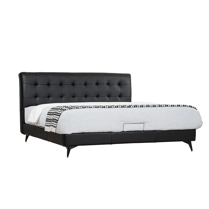 

New simple black leather bed, high end atmospheric Italian floor to ceiling solid wood soft bag double bed