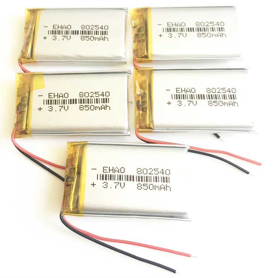 5 X pcs 3.7V 850mAh Polymer Lithium Lipo Rechargeable Battery 802540 For GPS Bluetooth Phone Digital Camera Driving Recorder