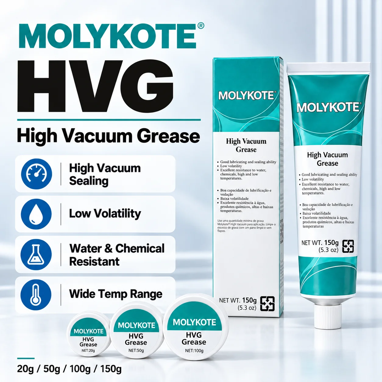 Original MOLYKOTE HVG High Vacuum Silicone Grease 150g O-Ring Seal Lubricant for Plug Valves Vacuum Systems Industrial Sealing