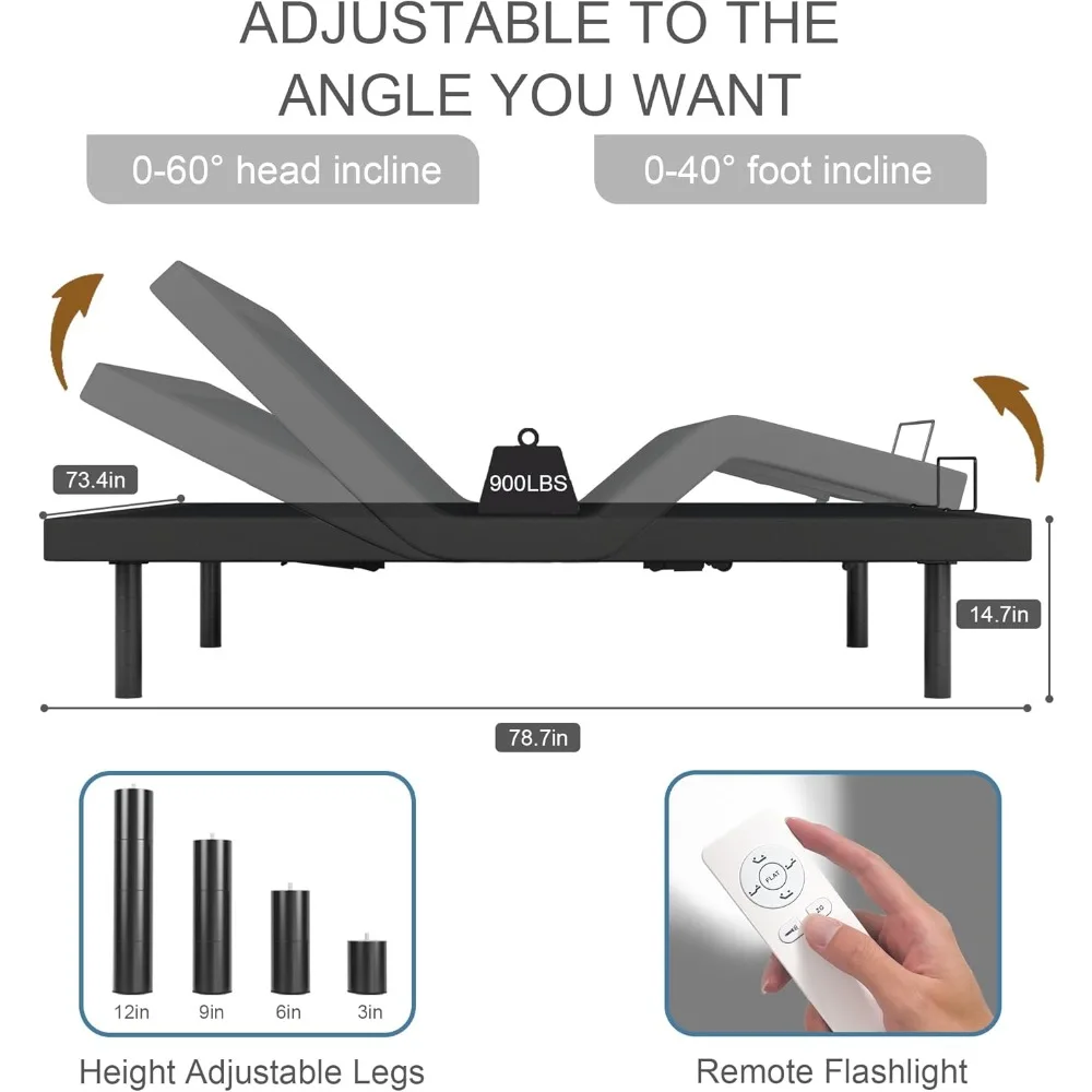 Ergonomic King Size Adjustable Bed Base with Adjustable Legs, Wireless Remote Control, Whisper Quiet Durable Motor, Independent