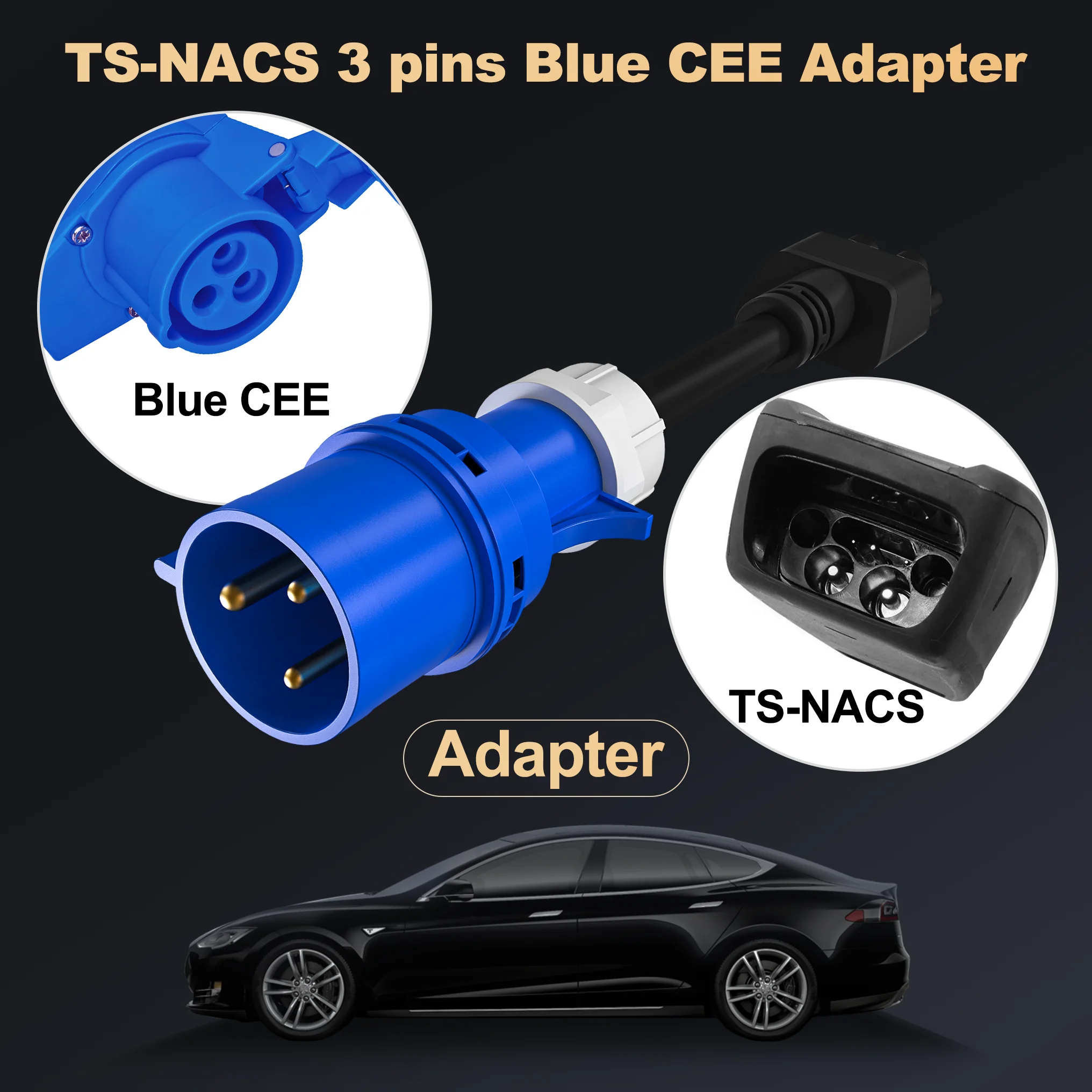 feyree for TS-NACS 3 pin Blue CEE Adapter for Tesla Model S,3,X,Y Gen 2 EV Charger Extension Connector 240V Outlet at 32A 10Inch