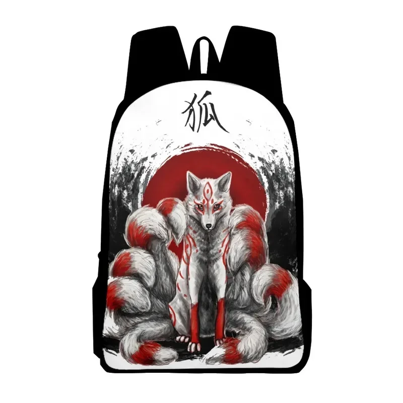 Mochila Escolar 3D Print para Adolescentes, Mochila Infantil, Adolescentes, Meninos, Meninas, Crianças, Saco de Estudante Médio, Nove Cauda Fox, 16 Polegadas